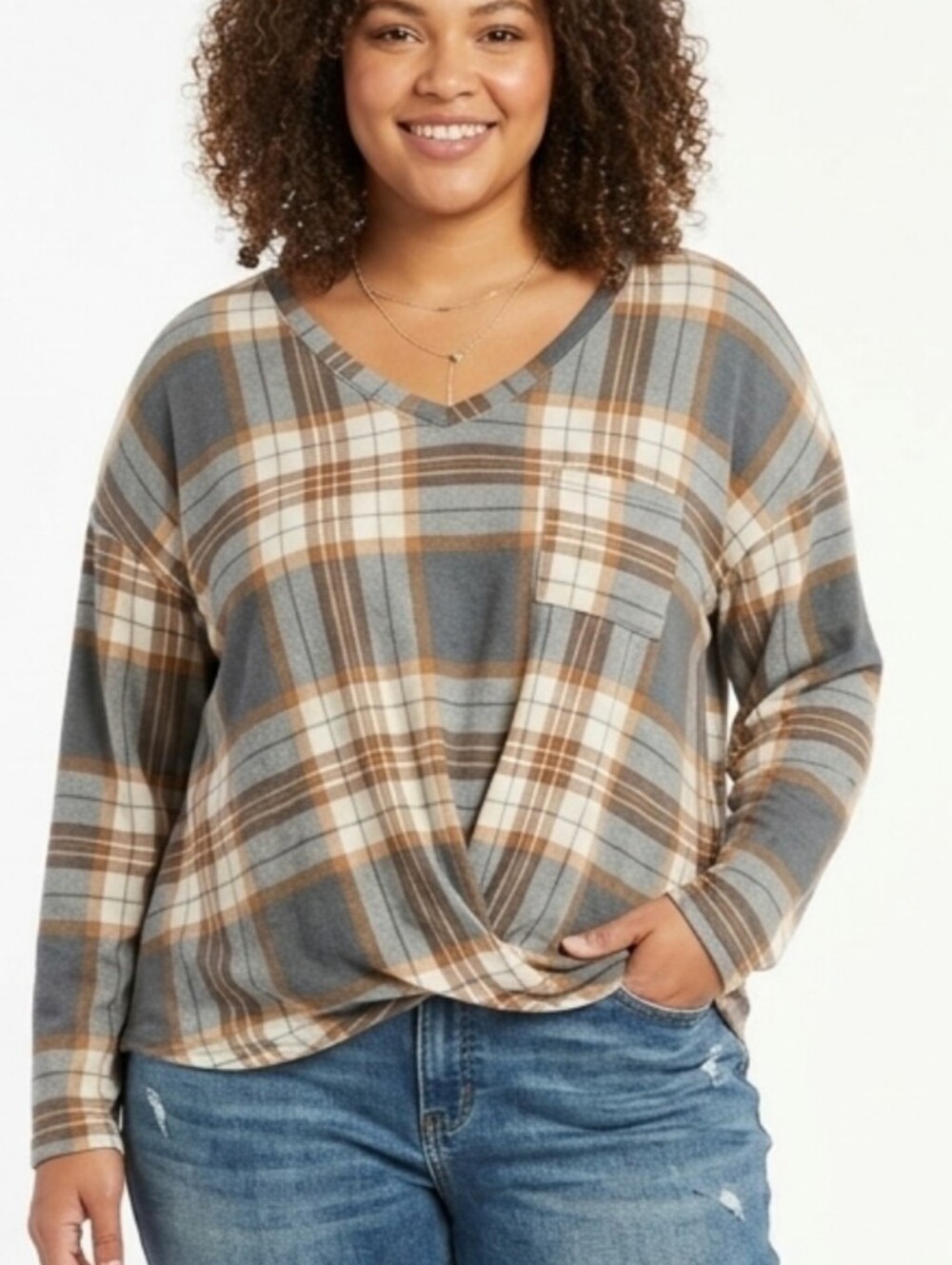 Plaid V-Neck Twist Front Women's Top in Gray and Brown